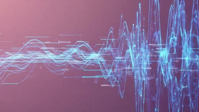 Dynamic blue digital waves flow across a vibrant purple background