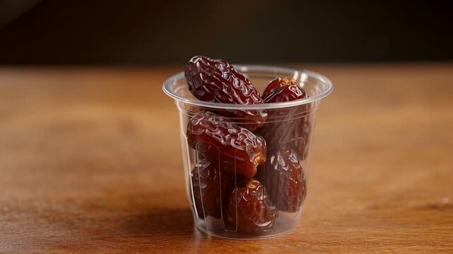 Hand holding date fruit from small plastic cup.