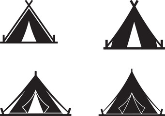 Four black silhouette camping tents arranged in a two by two grid on a white background also transparent background © Pixel With MH