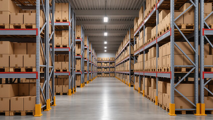 Obraz premium Modern warehouse interior with tall metal racks filled with stacked cardboard boxes on wooden pallets. Deep aisles, concrete floor, and bright lighting show logistics