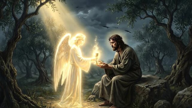 Jesus Praying in the Garden of Gethsemane Comforted by an Angel