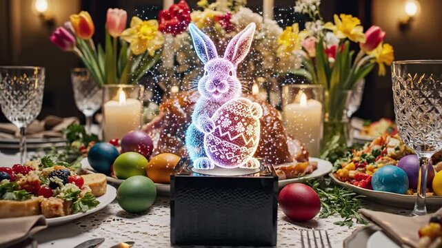 Elegant Dining Table With Holographic Easter Bunny And Decorated Egg, Crystal Glasses, Lit Candles And Tulip Bouquet Creating Warm Festive Atmosphere With Projection Sparkles From Black Base.