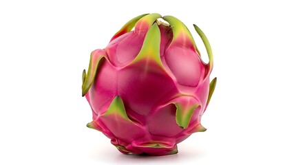 Pink Dragon Fruit with Green Scales on White Background