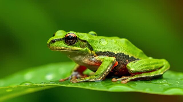 Green Frog Sitting on Leaf Closeup.