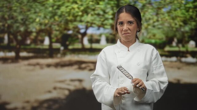 Woman chef in white coat holds a grater and recoils with a grimace against a studio backdrop; hesitation disgust.