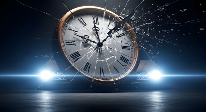 Conceptual 3D rendering of a large antique clock with broken glass shards and a car in the background, symbolizing time and accidents