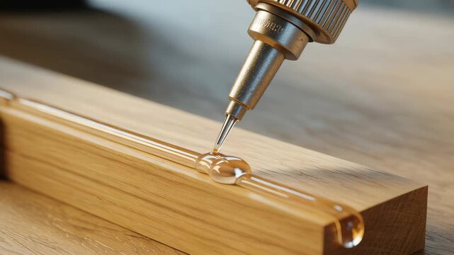 Applying wood glue to a wooden plank with a syringe for strong bonding