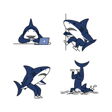 Cartoon sharks working on laptop and drinking coffee in various poses with humorous expressions