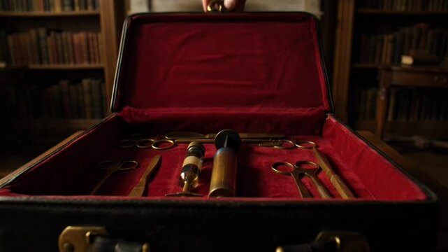 Vintage medical instruments displayed in an open red velvet case on a dark wooden table in a dimly lit library
