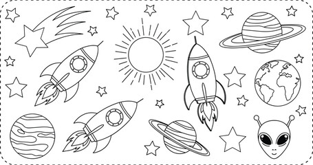 Cute Space Coloring Page with Rockets, Planets, Stars, Sun and Alien Outline Illustration for Kids Activity Book Design © Arman World