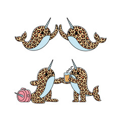 Cute cartoon narwhals in leopard print having coffee together with love and friendship © Tanjina Stock