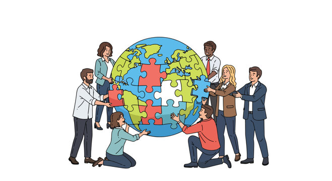 Global unity illustration featuring diverse people assembling puzzle pieces around the Earth from various viewpoints