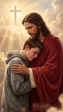 Vertical Video-Jesus Comforting Crying Teenage Boy in Golden Light