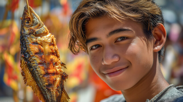 A young man smiling while holding a grilled Bangus fish at a lively Festival in the Philippines.