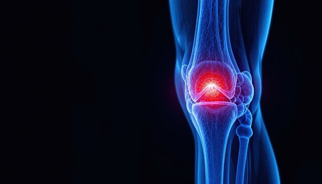 Knee pain highlighted in red on blue skeletal structure