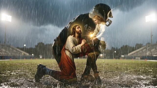 High School Football Player Kneeling in Rain with Jesus Silhouette