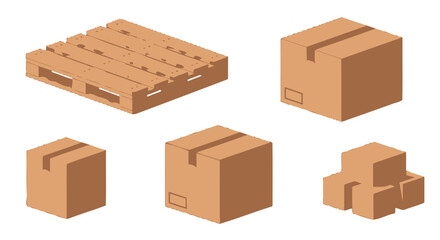 Fototapeta premium Isometric wooden pallet and brown cardboard boxes sealed and stacked for shipping and delivery.
