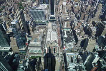 Fototapeta premium Top down aerial view of Midtown Manhattan city blocks