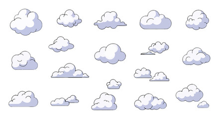 Obraz premium Whimsical cartoon clouds with puffy white and blue forms distinct black outlines diverse shapes and sizes.