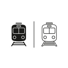 Modern train carriage front, public transport icon, solid black and outline version