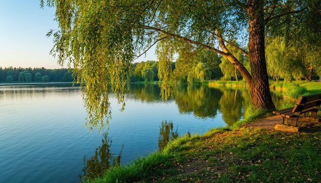 Peaceful weeping willow tree by calm lake with empty park bench.