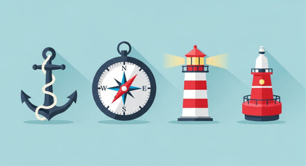 Nautical navigation equipment including anchor, compass, lighthouse, and buoy for maritime travel. © Tanto