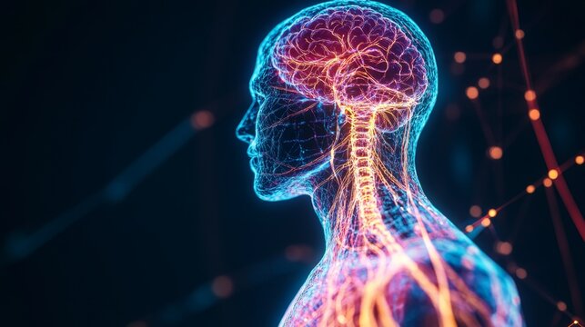 A vibrant depiction of the human nervous system. A detailed view of neural connections and brain activity. Explore the wonders of anatomy through this striking image. Generative AI