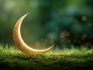 Obraz premium A golden crescent moon sits on a grassy hill in nature
