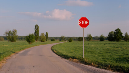 Octagonal red stop sign on a rural winding asphalt road through green fields under a clear blue sky