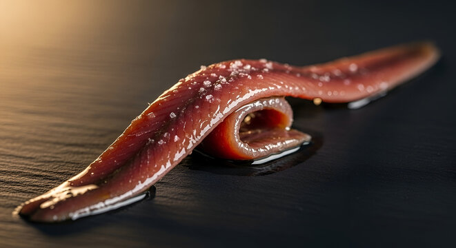 Cured anchovy fillet on dark surface closeup.