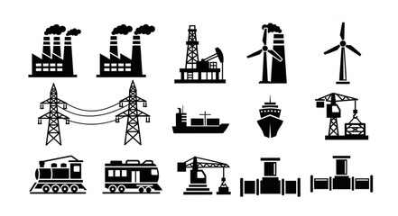 Industrial Icons Depicting Factories, Energy, and Transportation Elements. © Efan