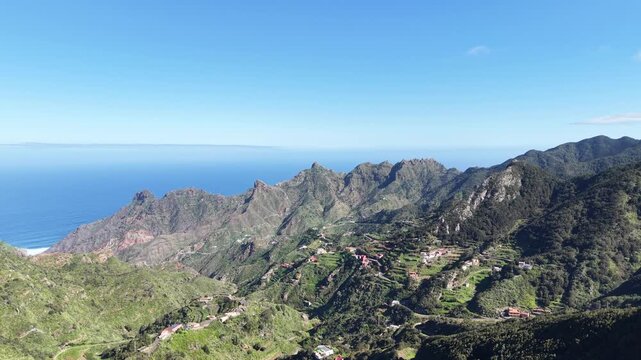 Panning drone aerial Anaga Rural Park Tenerife Spain blue sky