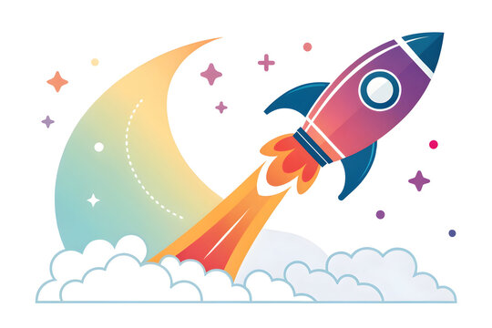 Rocket Launching Through Clouds and Stars with Crescent Moon Background Space Exploration