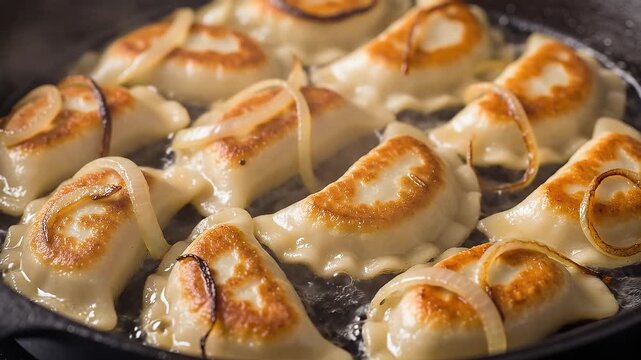 A batch of pierogi sizzling in a pan with butter and onions, becoming golden brown and crispy on one side. A gentle panning shot