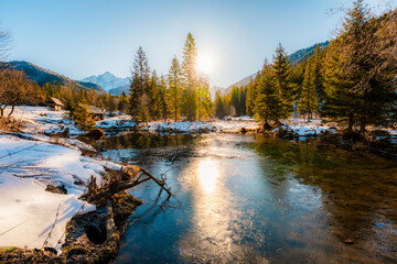Mountain view with hiking path in Javorova dolina nature reserve during a winter sunny day in Slovakia in High Tatras mountains © Zedspider