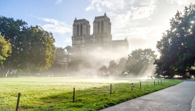 Iconic Gothic Architecture of Notre Dame Cathedral Shrouded in Thick Morning Fog