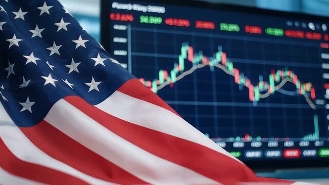 Flag of the United States waving in front of a rising stock market chart and financial data.