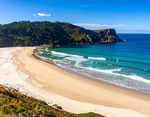 Obraz premium A sandy beach with waves and cliffs