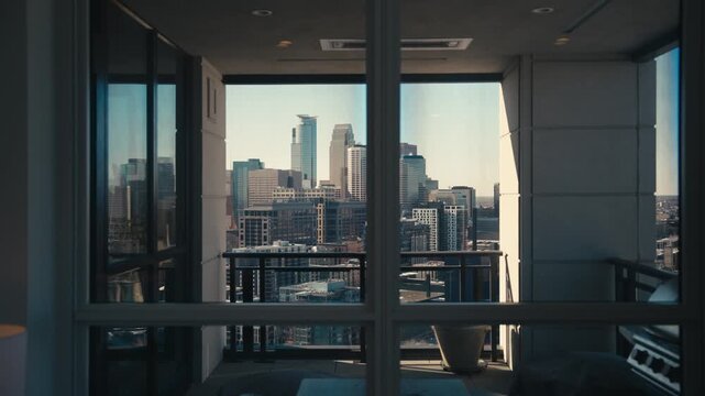 Panning shot from inside of a Minneapolis condo showing the Minneapolis skyline in sunlight