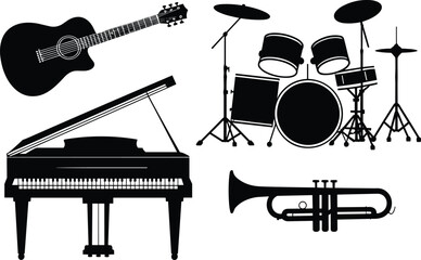 Music instruments silhouette collection featuring acoustic guitar, grand piano, drum set and trumpet, black vector illustration isolated on white background, performance concept