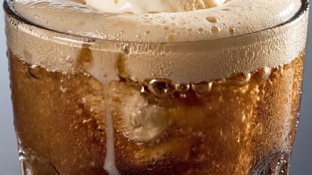 A scoop of vanilla ice cream is lowered into a frosty glass of root beer. In ultra-slow motion, the effervescent bubbles swarm and foam up around the ice cream