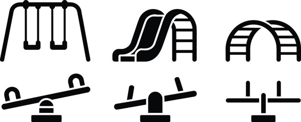 Playground equipment silhouette set with swing set, slide, climbing arch and seesaw isolated on white background for kids park design