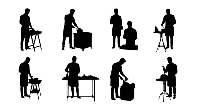 Collection of black silhouettes representing different craftsmen working at their stations isolated on transparent background, Vector