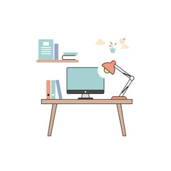 Fototapeta premium Modern office workspace with computer, lamp, and books on a wooden desk in a minimalist environment viewed from the front