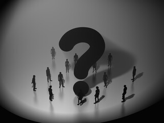 クエスチョンマークとシルエットの人々　暗い影　3Dイラストレーション