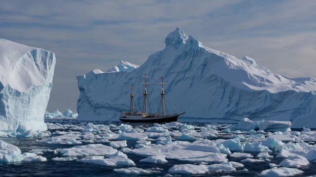 Ship Navigates Icy Landscape Cautiously. Vessel Sail Through Fractured Icy Field With Vintage Charm. Classic Tall Ship Advances Amidst Broken Icebergs Under Glacier With Nostalgic Ambiance.
