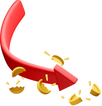 3d Red arrow downward with gold coin pieces