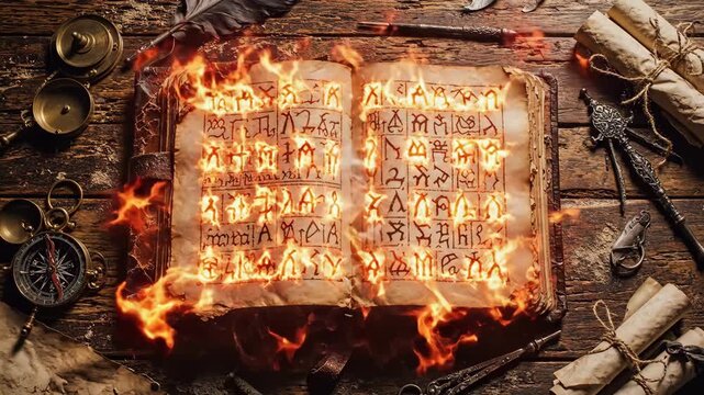 Ancient Grimoire On Wooden Table Ignites, Closeup Of Runic Script And Parchment Quill, Compass And Tied Scrolls Surround Book As Orange Embers Crawl Across Pages, Candlelit Workshop Atmosphere.