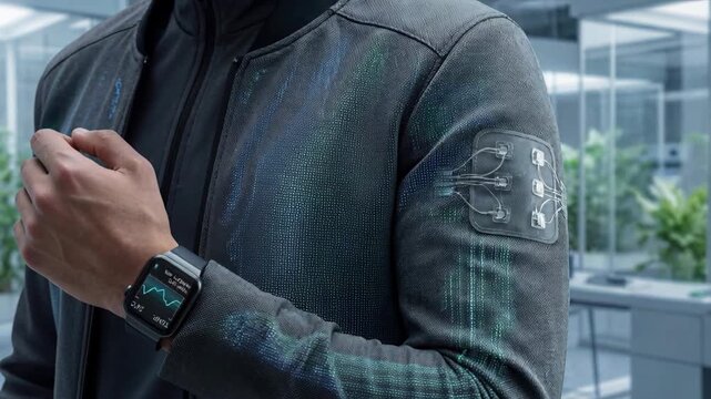 Smart wearable biosensors patch and electrode arm of person adjusts patch while jacket fabric and sleeve electrode monitor vital signs movement