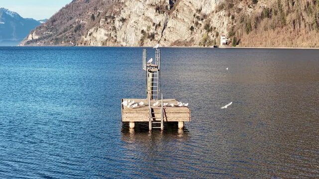 Pier by the water with seagulls and sparkling alpine atmosphere. Churfirsten mountains above Walensee near Walenstadt, sunny lakeside view.